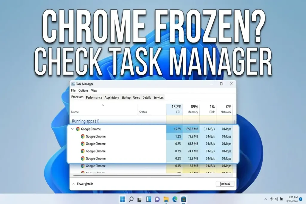 Create a realistic 16:9 instructional image for a Windows 11 troubleshooting article.Show a Windows 11 desktop with Task Manager open in the foreground. Google Chrome should be visible in the list of running processes, with multiple Chrome processes and resource usage columns clearly visible.Add a clean visual emphasis around Google Chrome to help the reader understand that Chrome can be ended from Task Manager when it becomes unresponsive.Add large readable text:
"CHROME FROZEN?"
and:
"CHECK TASK MANAGER"Professional technology tutorial style, realistic Windows 11 interface, clean composition, modern US tech blog aesthetic.Do not add unnecessary text or fake interface elements.TASK MANAGER