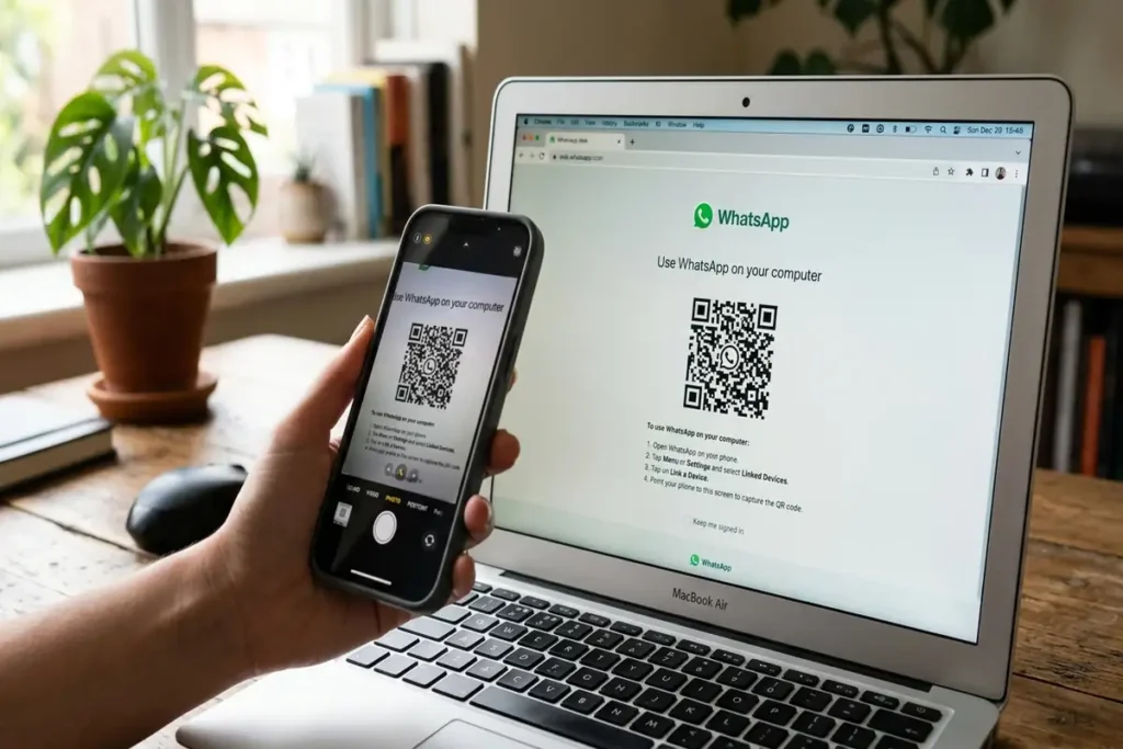 Take your own screenshot showing the official WhatsApp Web page and QR code.