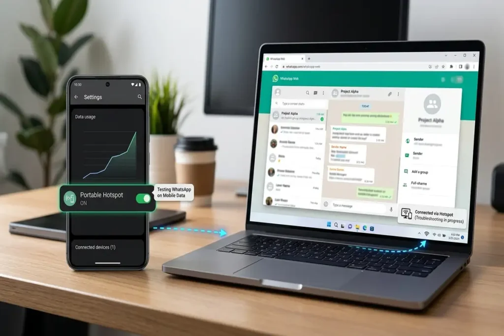 Phone Hotspot → Laptop → WhatsApp Web