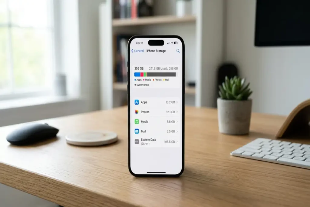 iPhone Storage screen showing System Data taking significant space