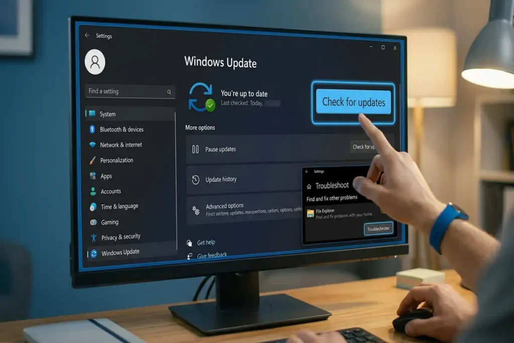 Checking for the latest Windows 11 updates before troubleshooting File Explorer.