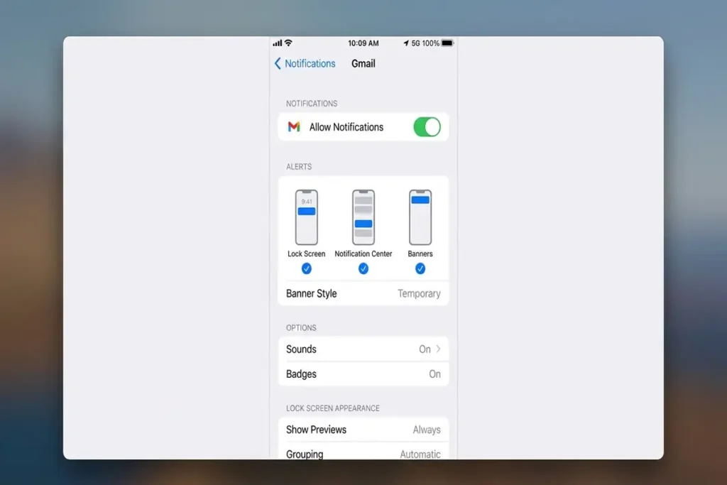 iPhone notification settings for Gmail