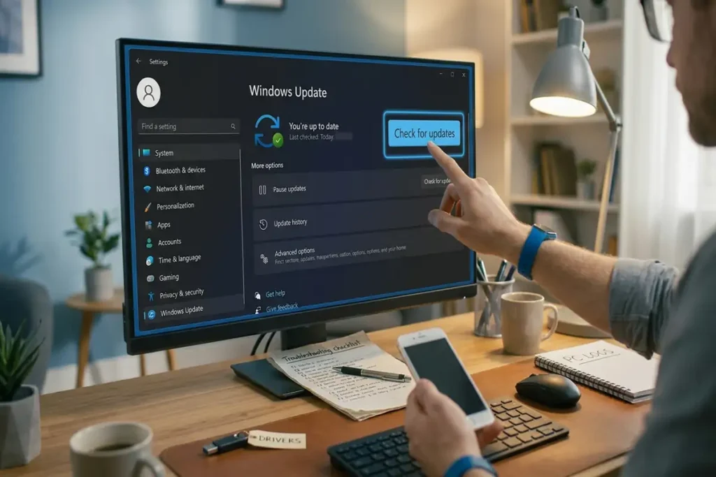 Checking for the latest Windows 11 updates before troubleshooting File Explorer.