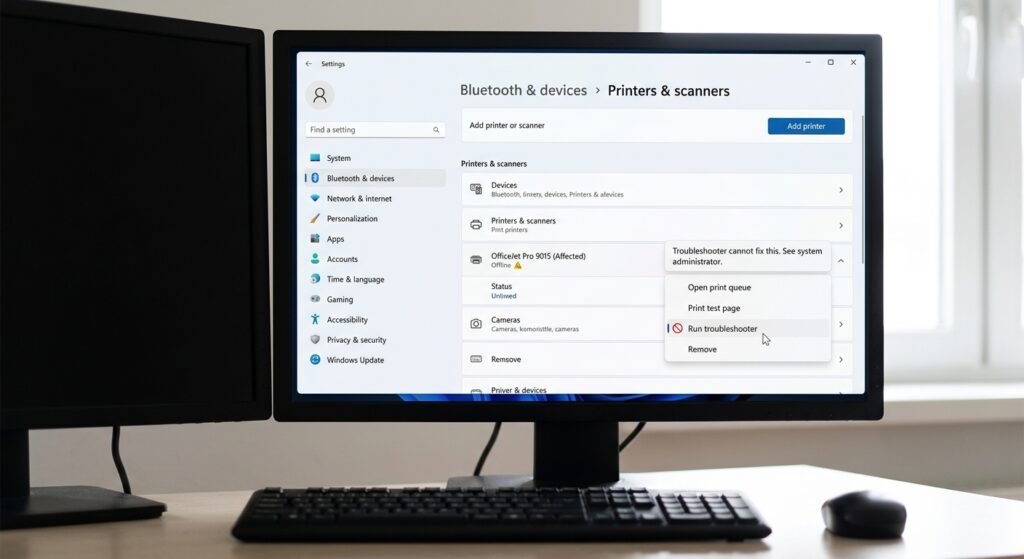 Printer Offline in Windows 11? 10 Fixes That Work 2 Take your own screenshot of Settings → Bluetooth & devices → Printers & scanners showing the affected printer.