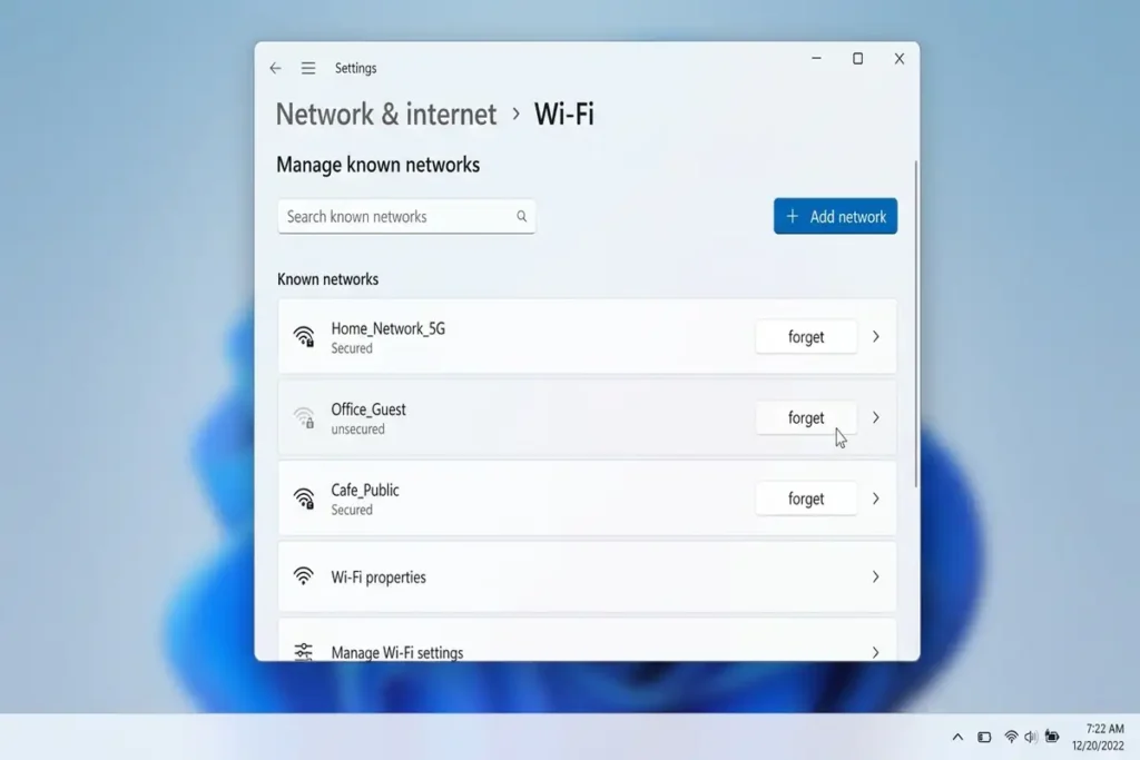 Windows 11 Connected to WiFi but No Internet: 10 Fixes 3 Settings → Network & internet → Wi-Fi → Manage known networks