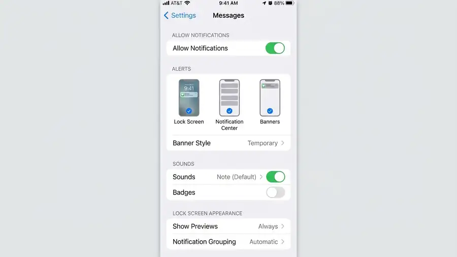 iPhone Notifications Not Showing? 7 Fixes to Try 2 iPhone notification settings showing Allow Notifications and Lock Screen alerts