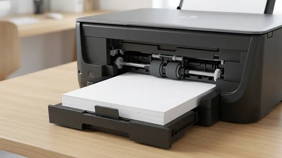 HP printer paper tray and pickup rollers used to feed paper