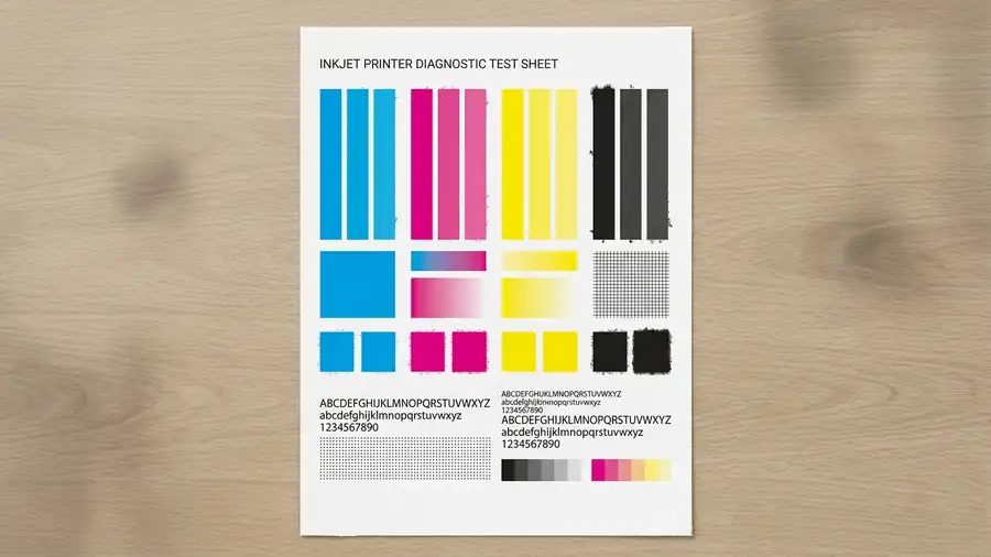 HP printer color print quality diagnostic page showing ink test patterns