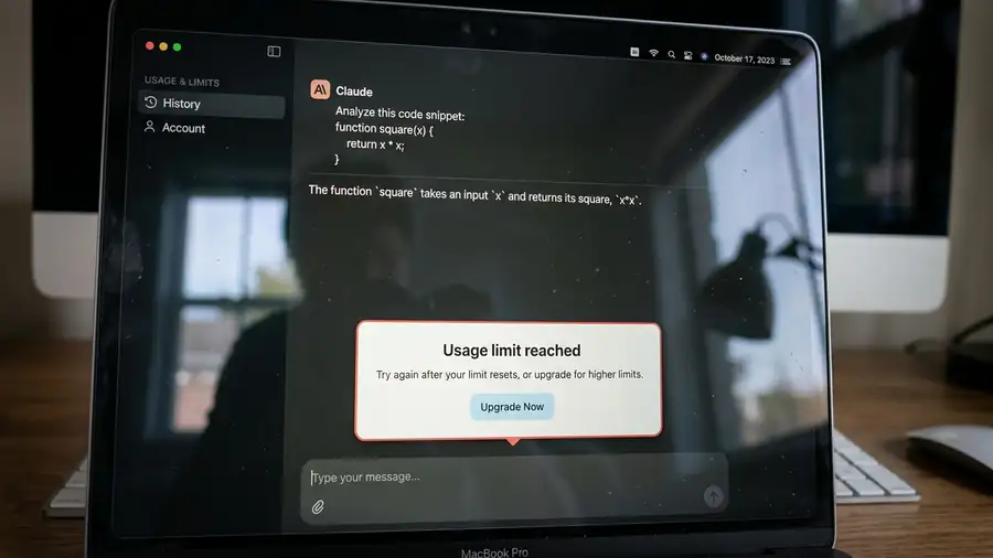 AI chat interface displaying a usage limit reached warning