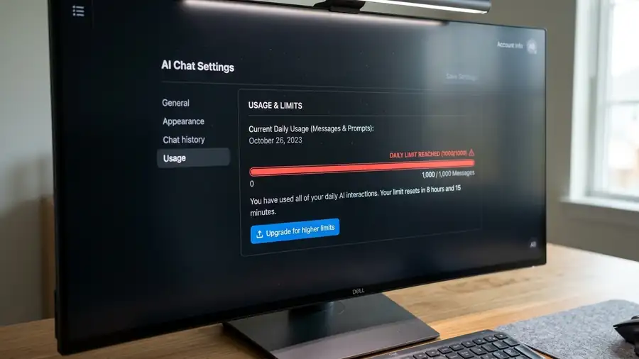 AI chat usage settings showing a session limit and usage progress bar